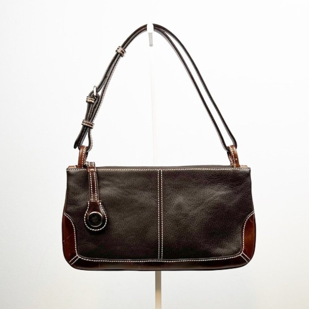 Dooney & Bourke Classic Autumn Dark Brown Slim Flat Pebbled Leather Shoulder Bag